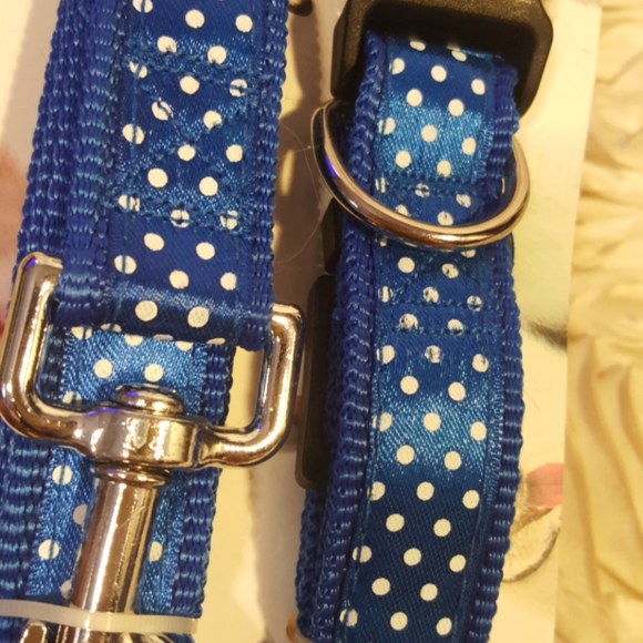 Dog Collar & Leash Set Blue Polka Dot Adjustable Walking Set - Picture 7 of 11